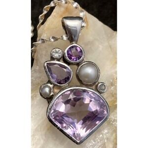 Vintage‎ STARBORN Amethyst Pearl Pendant Sterling Silver 16'' Necklace Abstract